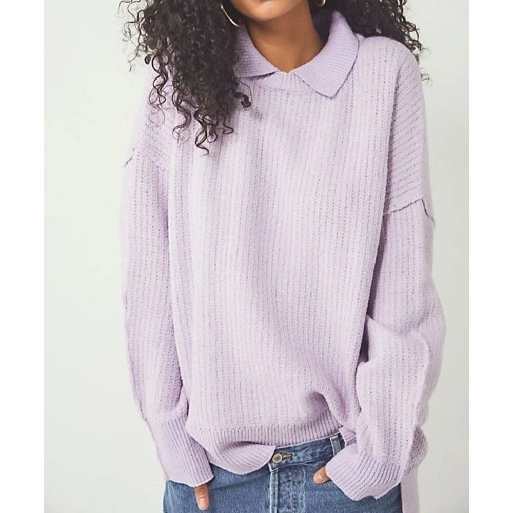 Free People Pony Up Pullover Sweater Lavender Collared Light Academia Knit - Picture 1 of 6